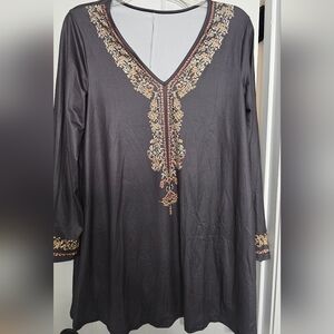 Boho Embroidered Black Tunic Dress Size Large